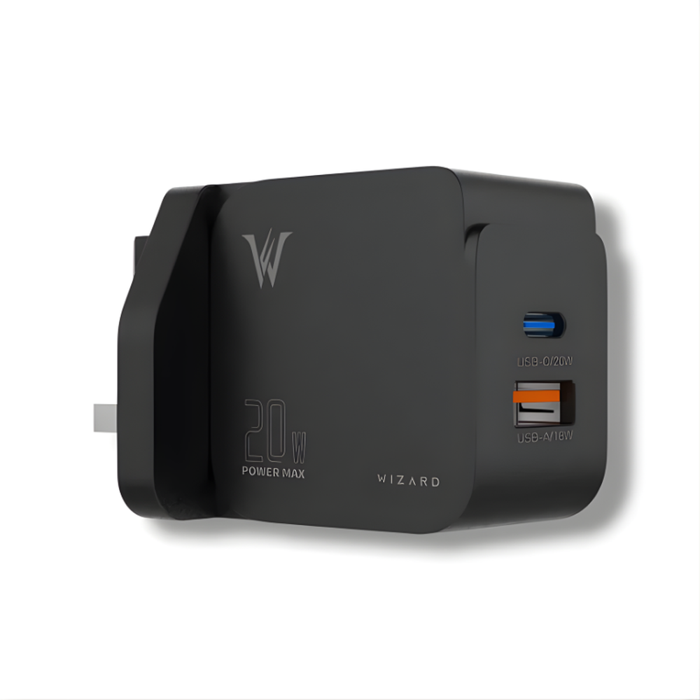 Wizard 20W black wall charger with USB-C and USB-A ports showing power labels