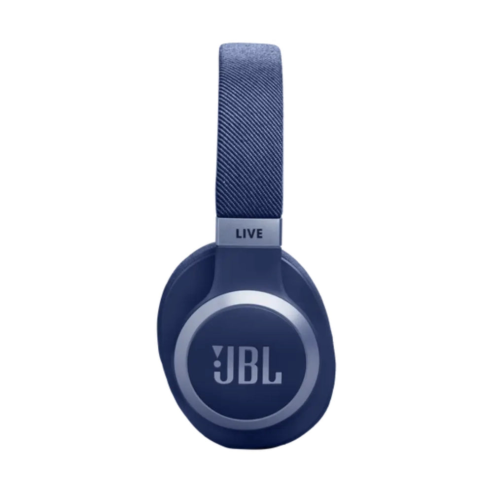 Navy blue JBL Live wireless over-ear headphones front view highlighting symmetrical design