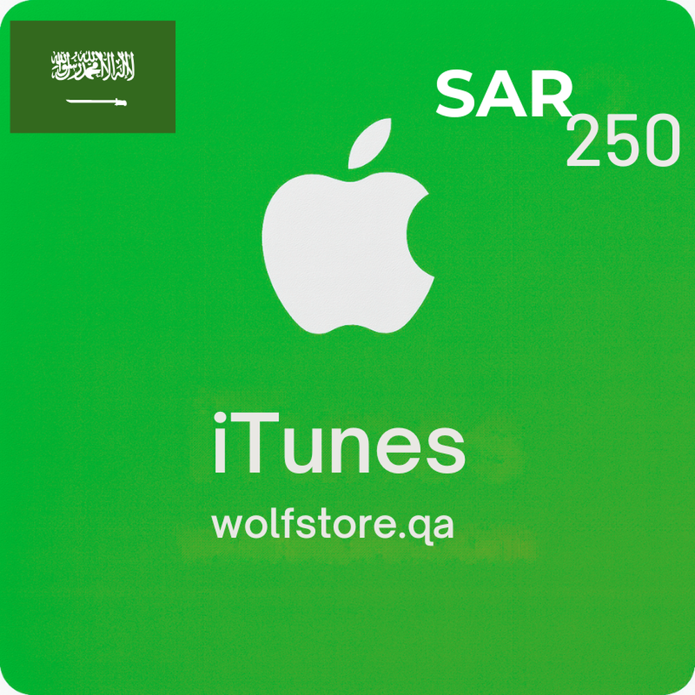 Digital iTunes 250 SAR gift card with Apple logo and Saudi flag emblem for Apple services