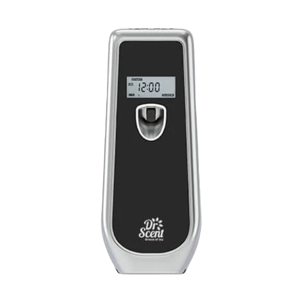 Dr Scent Voltalia LCD dispenser with silver frame and black panel showing digital timer display