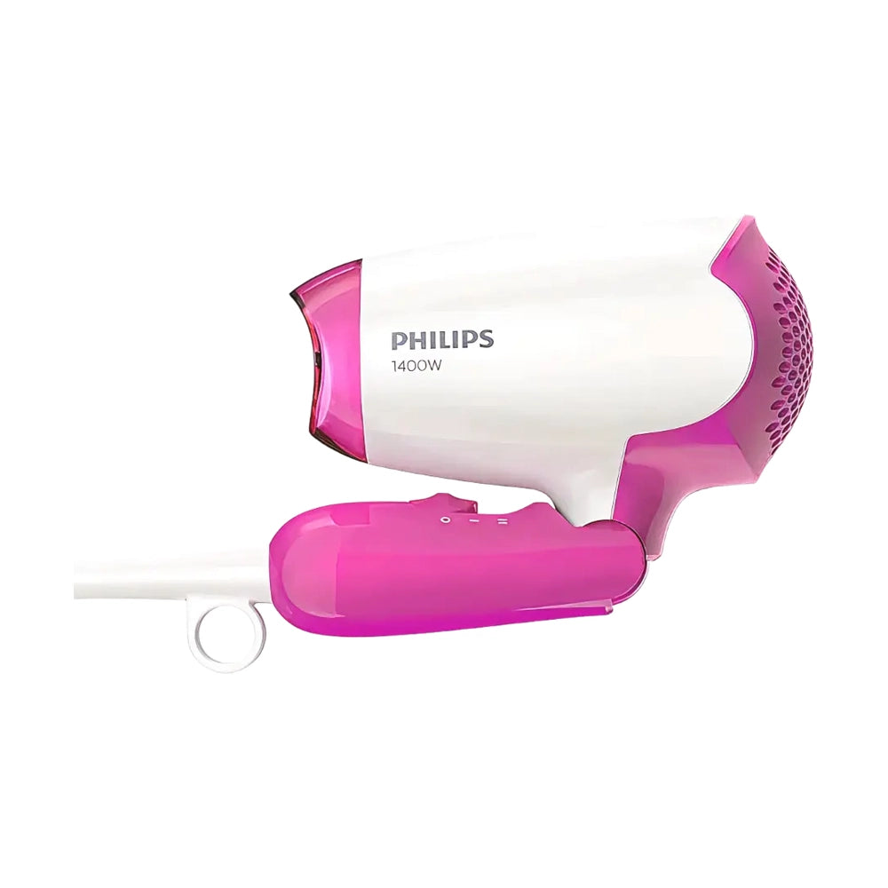 Folded pink and white Philips travel hair dryer showing compact design