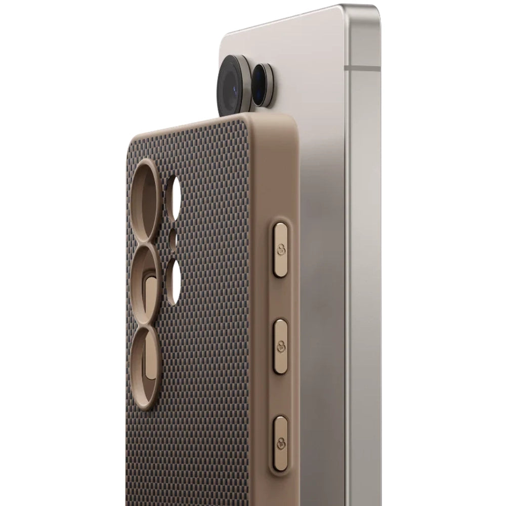 Slim Pitaka S25 phone case brown with raised camera rings next to silver phone