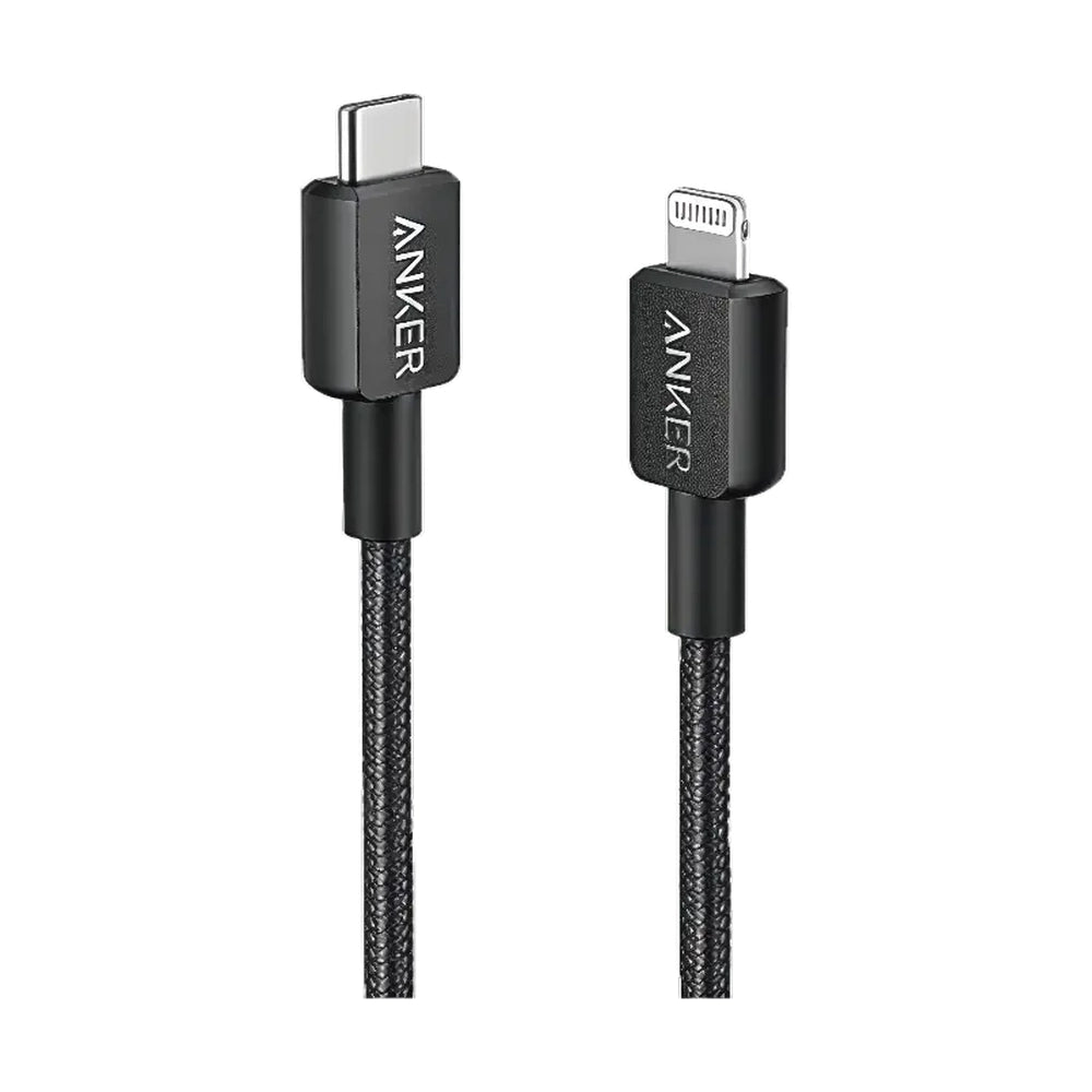 Black textured braided Anker USB-C to Lightning cable with matte housing