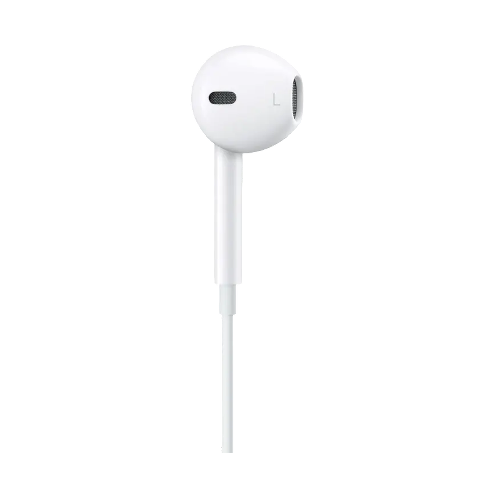 Left side white Apple EarPods earbud with black mesh grille