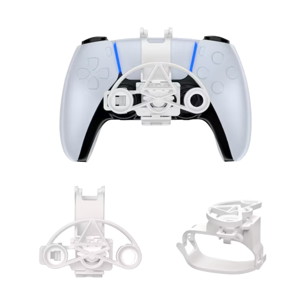 Transparent gaming controller shell with additional parts on a white background