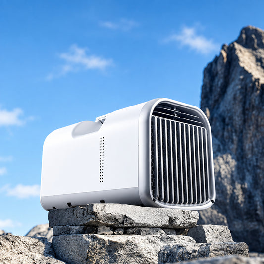 Arabic: مكيف هواء بورولوجي المحمول — ثلاثة أوضاع للتبريد وإزالة الرطوبة والمروحة | English: Powerology Portable Air Conditioner — Three modes for cooling, dehumidifying, and fan
