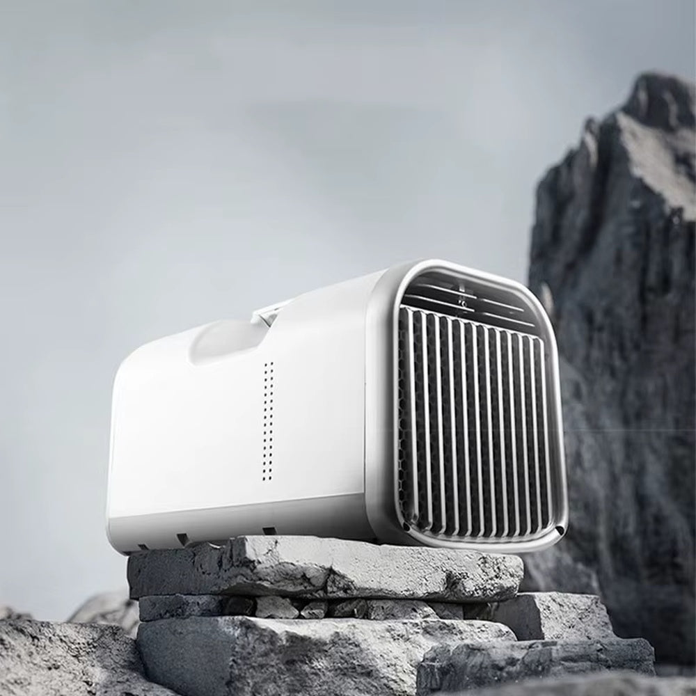 Arabic: مكيف هواء بورولوجي المحمول — ثلاثة أوضاع للتبريد وإزالة الرطوبة والمروحة | English: Powerology Portable Air Conditioner — Three modes for cooling, dehumidifying, and fan