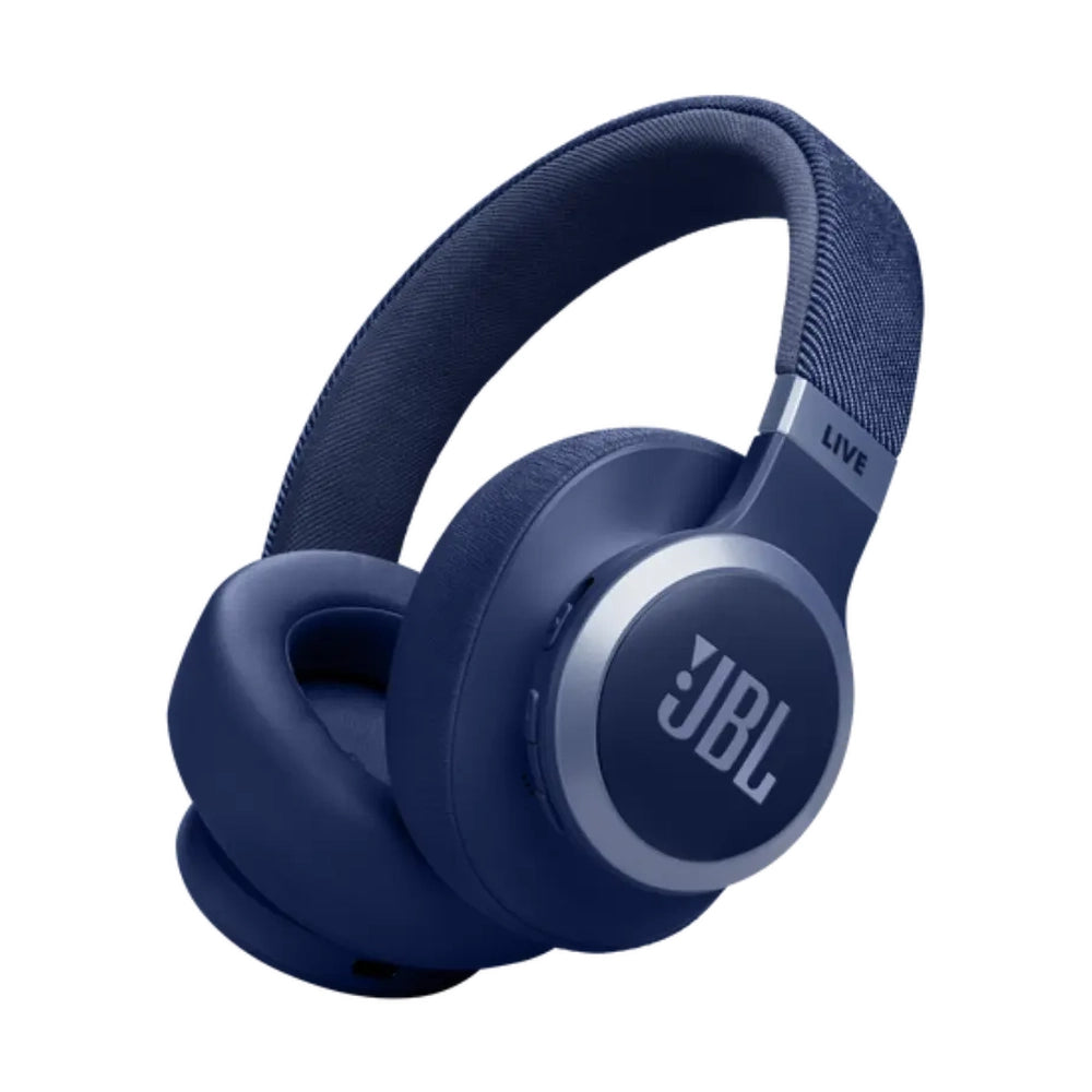 Navy blue JBL Live wireless over-ear headphones with white logo and silver ring accent