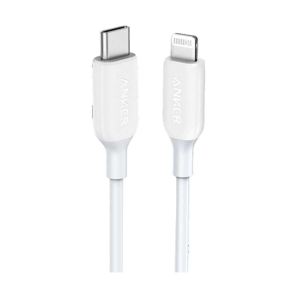 Smooth white Anker USB-C to Lightning cable with embossed logo