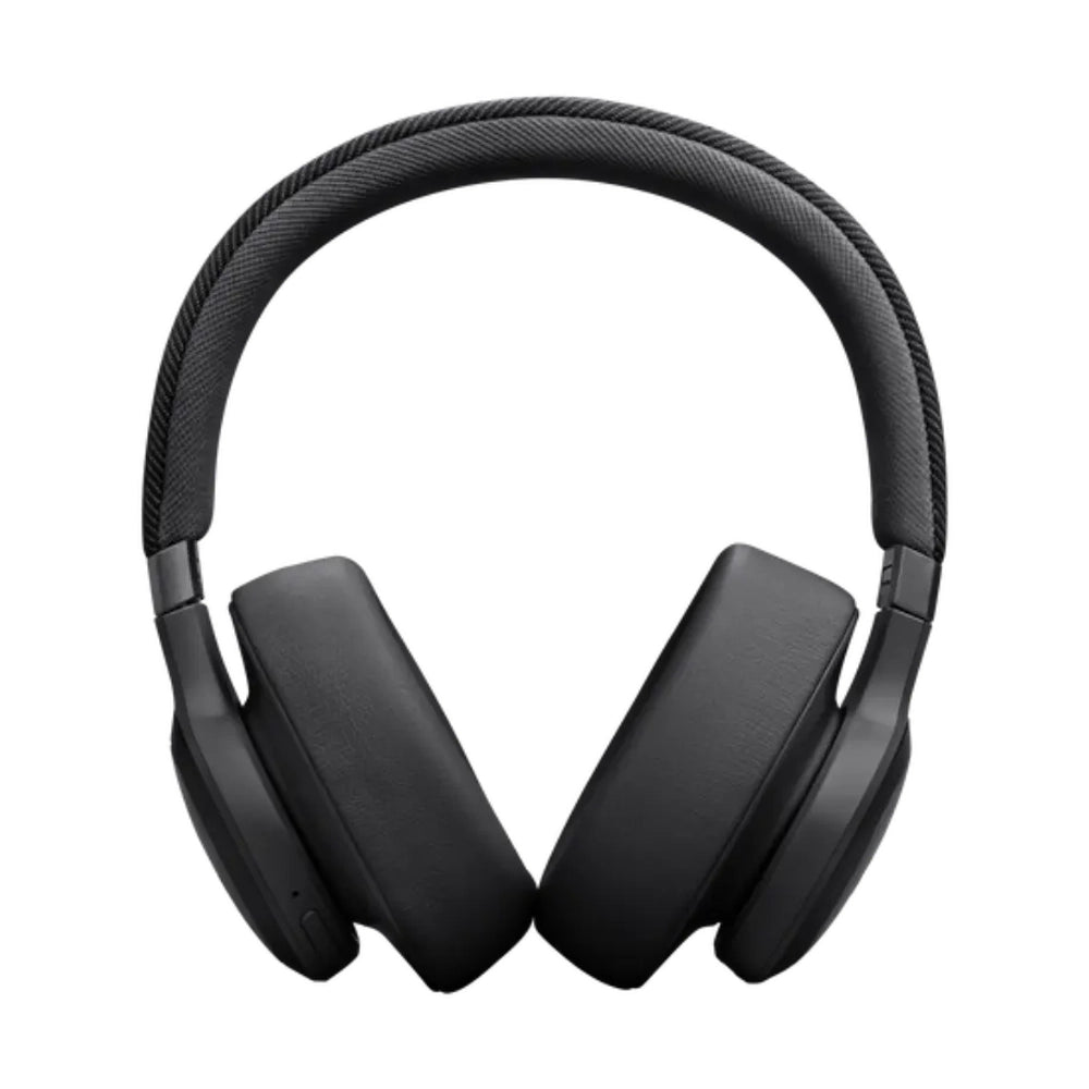 Black JBL over-ear headphones front view showing padded fabric headband and controls