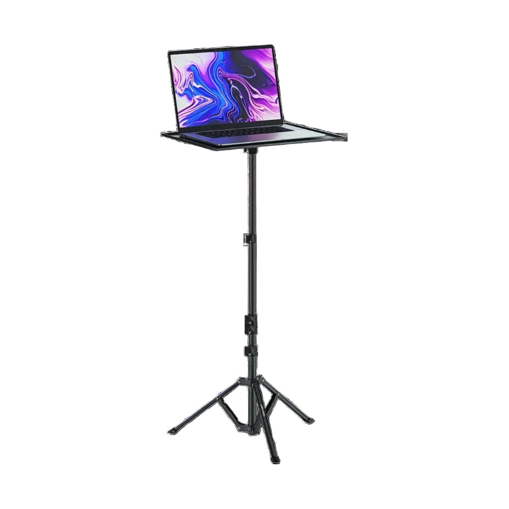 Black adjustable laptop stand holding open computer on flat platform