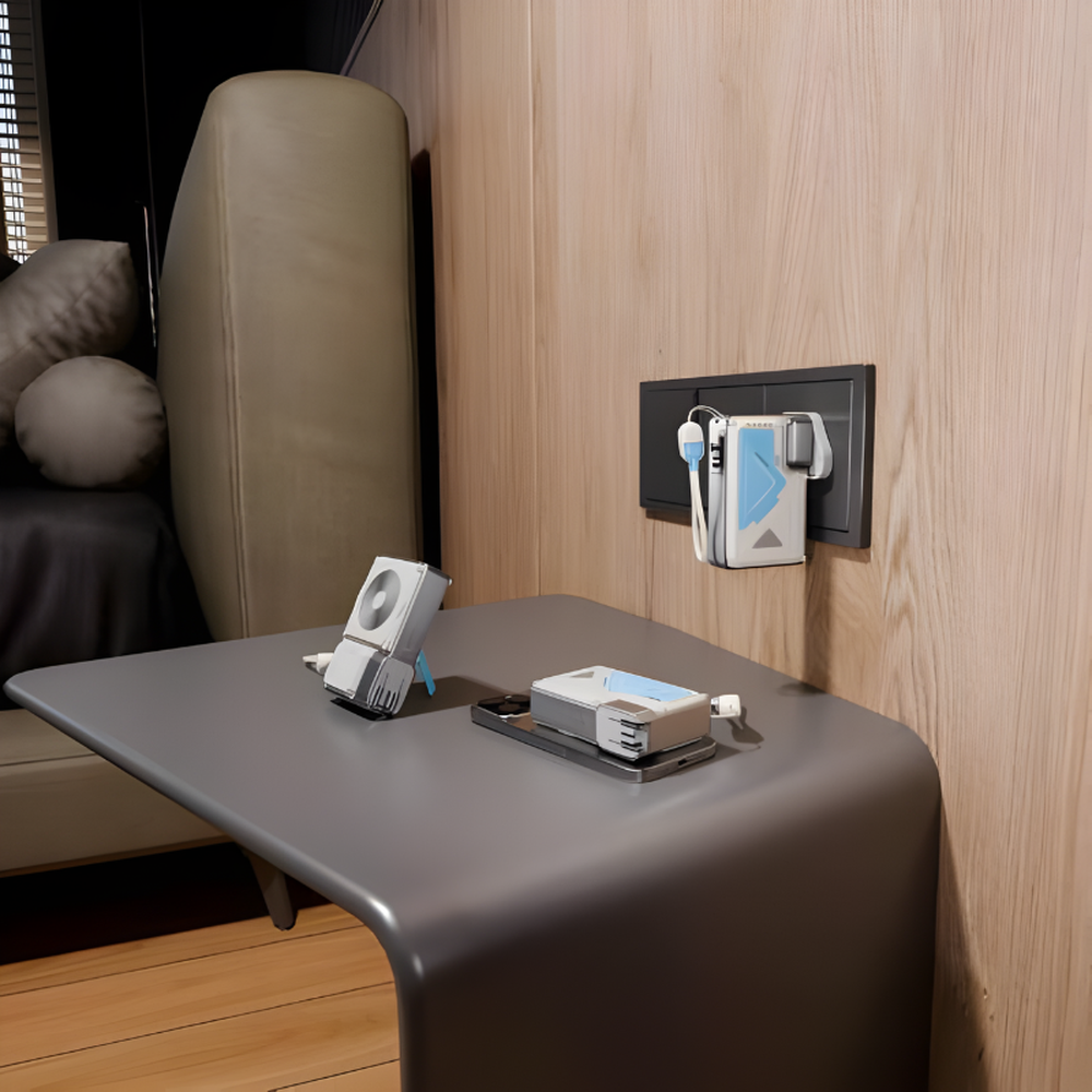 Powerology 10000mAh wall charger power bank with MagSafe wireless charging on bedside table