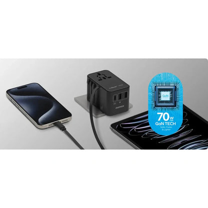 Black Momax 70W GaN tech adapter charging smartphone and tablet simultaneously