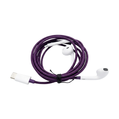 Apple USB-C wired earphones with purple braided cable and white earbuds