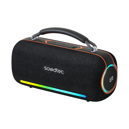 Black Soundtec Sonify 60W portable speaker with orange trim and rainbow LED light bar