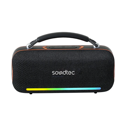 Front shot of black Soundtec 60W Bluetooth speaker with fabric grille and handle