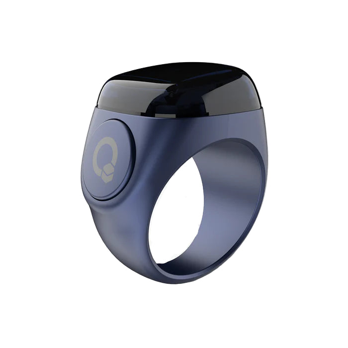 Smart ring with a glossy black top and blue band on a white background