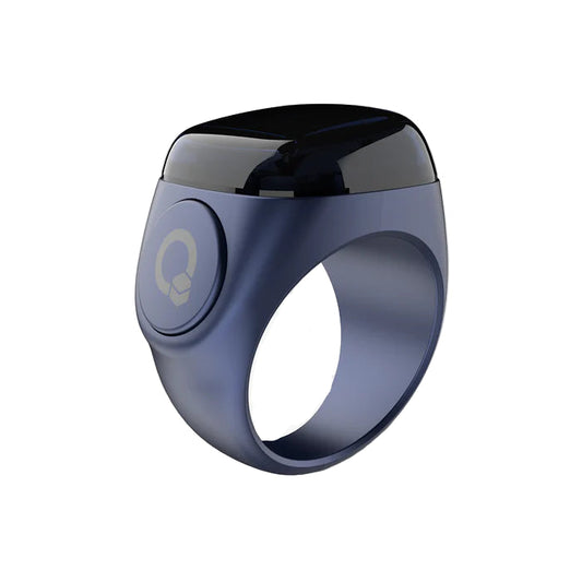 Smart ring with a glossy black top and blue band on a white background
