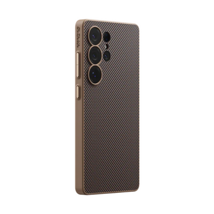Pitaka S25 PinButton case side profile brown carbon fiber with embossed logo