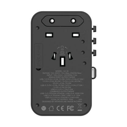 Back view of dark gray Momax UA18 adapter with UK socket and detachable plug heads