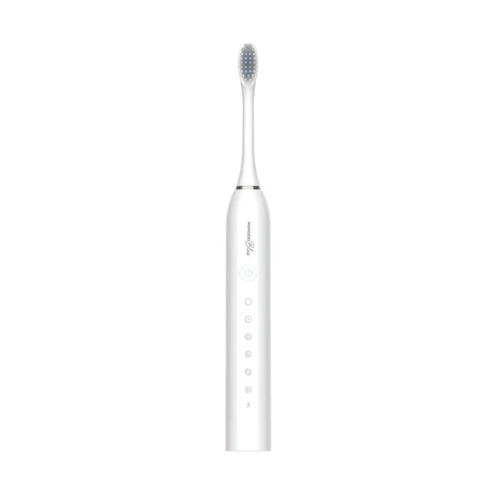 White Porodo electric toothbrush with blue bristles and silver accent ring