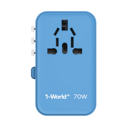Bright blue Momax 70W universal travel adapter with extended white plug heads