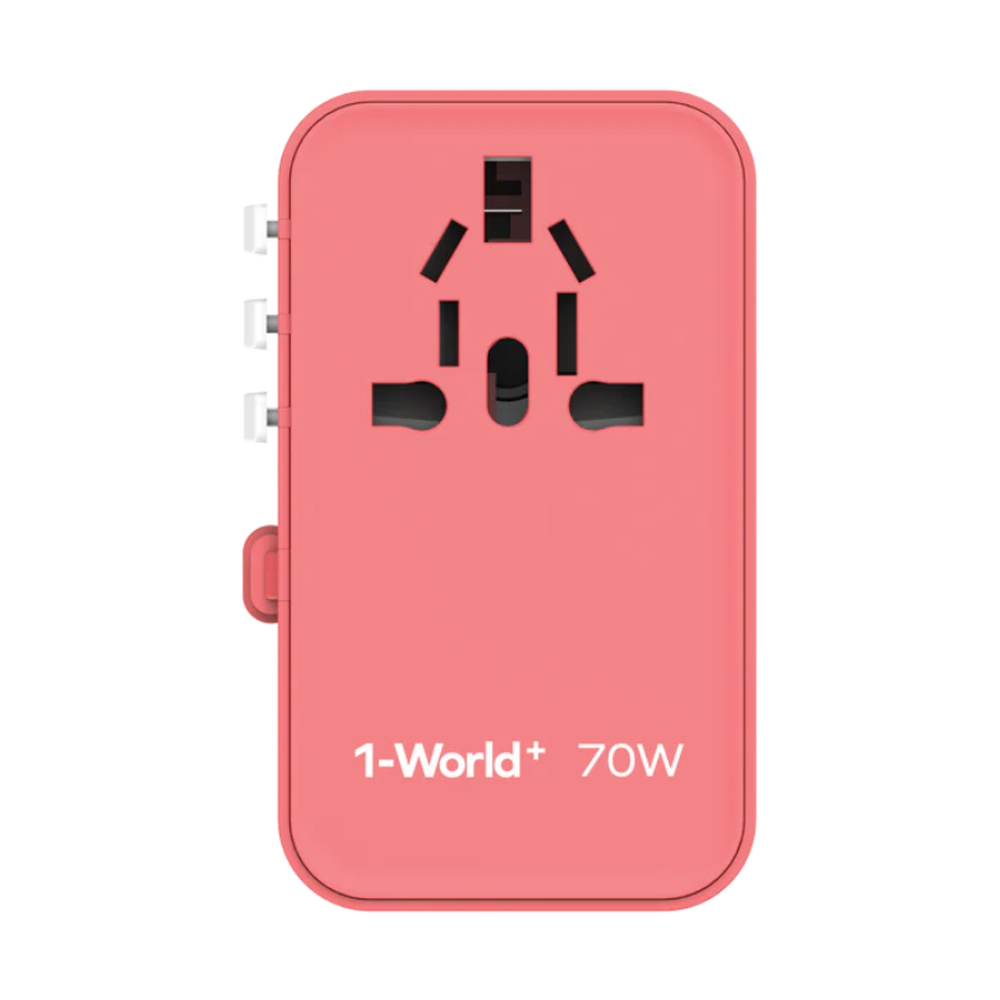 Coral pink Momax 70W travel adapter with retracted plug heads and matte finish