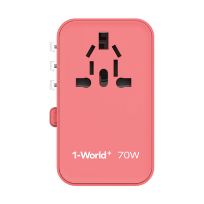 Coral pink Momax 70W travel adapter with retracted plug heads and matte finish