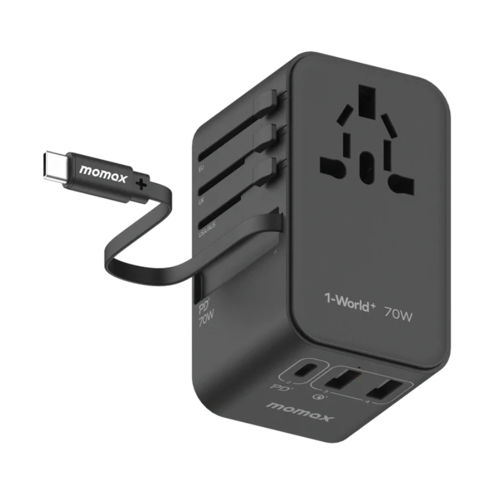Black Momax 70W travel adapter with built-in USB-C cable and EU UK USA plug heads