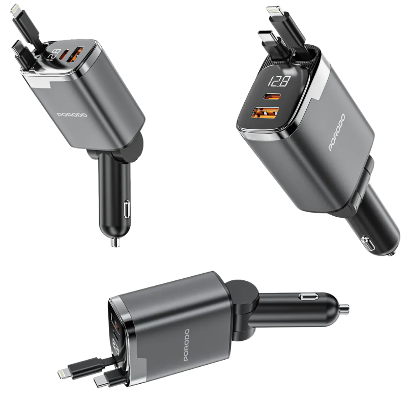 Porodo - 111W Car Charger Dual Retractable Cables