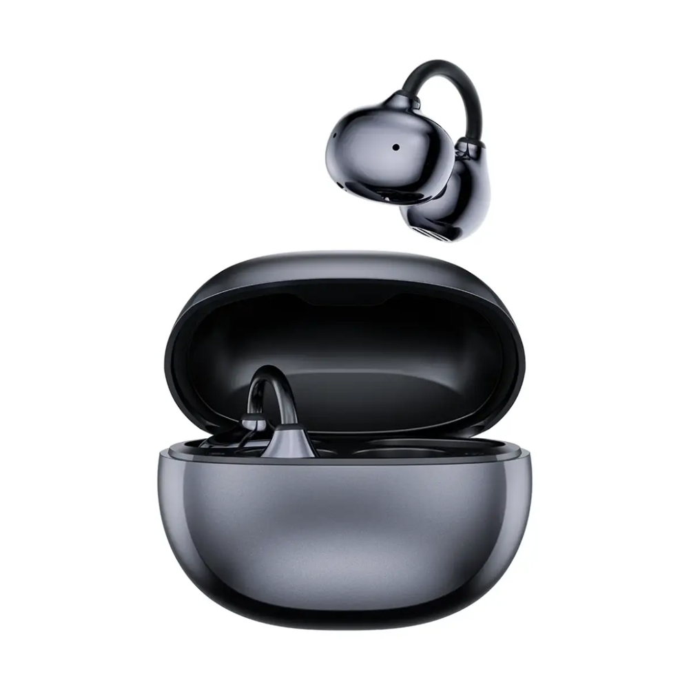 Black Salvador open-ear wireless earbuds with clip-on fit in glossy charging case