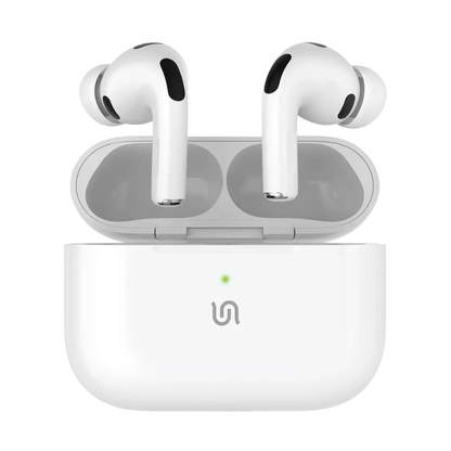 White wireless earbuds in charging case with LED indicator light