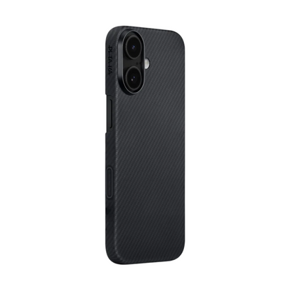 Black carbon-fiber Pitaka iPhone 16A case with dual camera cutout