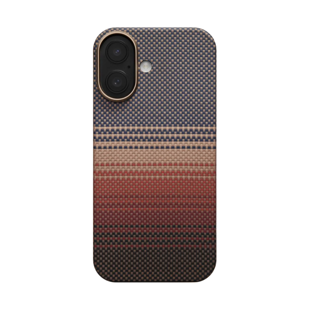 Multi-color woven Pitaka iPhone case with dark blue red and beige bands