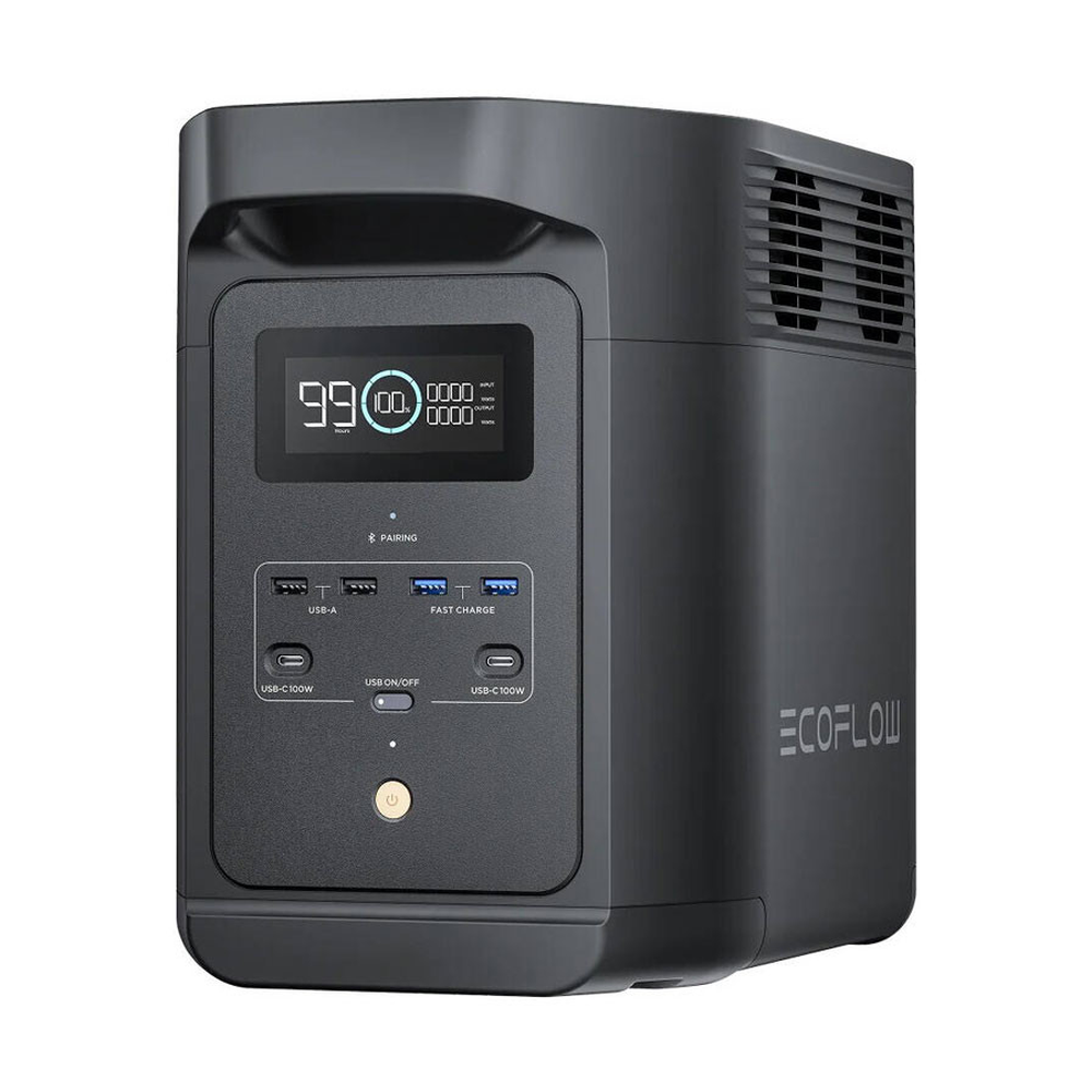 Three-quarter view of EcoFlow 1000W power station featuring USB-C 100W ports and logo
