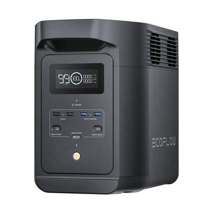 Three-quarter view of EcoFlow 1000W power station featuring USB-C 100W ports and logo