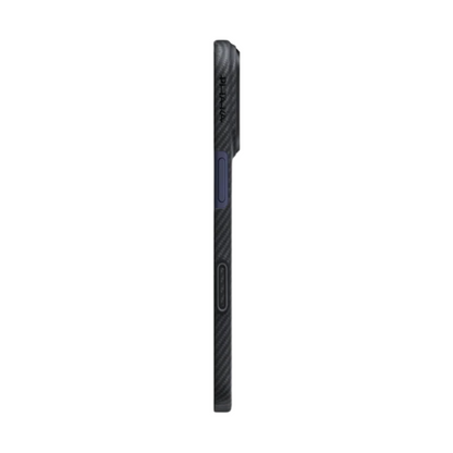 Side view of black Pitaka iPhone 16A case with button cutouts