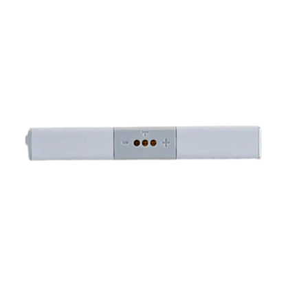 Top view of gray swappable power cell showing charge indicators and plus minus symbols