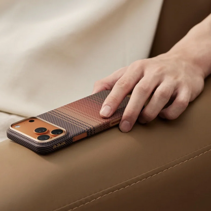 Pitaka iPhone 17 Ultra Slim case with brown to orange gradient plaid aramid fiber