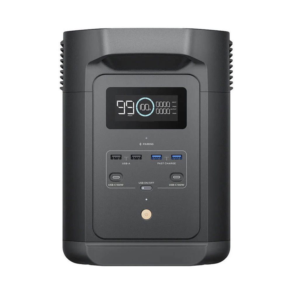 Black EcoFlow 1000W power station control panel showing wattage indicators and output ports