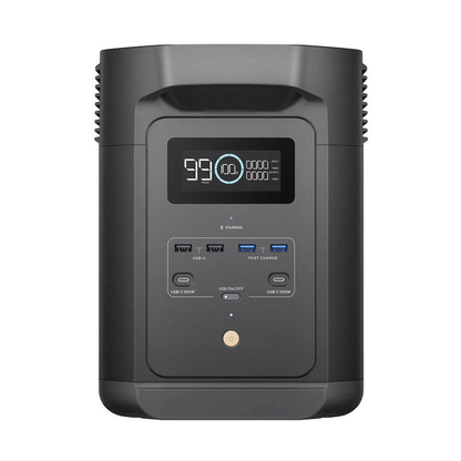 Black EcoFlow 1000W power station control panel showing wattage indicators and output ports