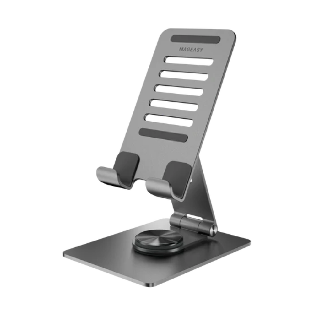 Gray metallic MagEasy rotating stand with dual hinges and matte finish