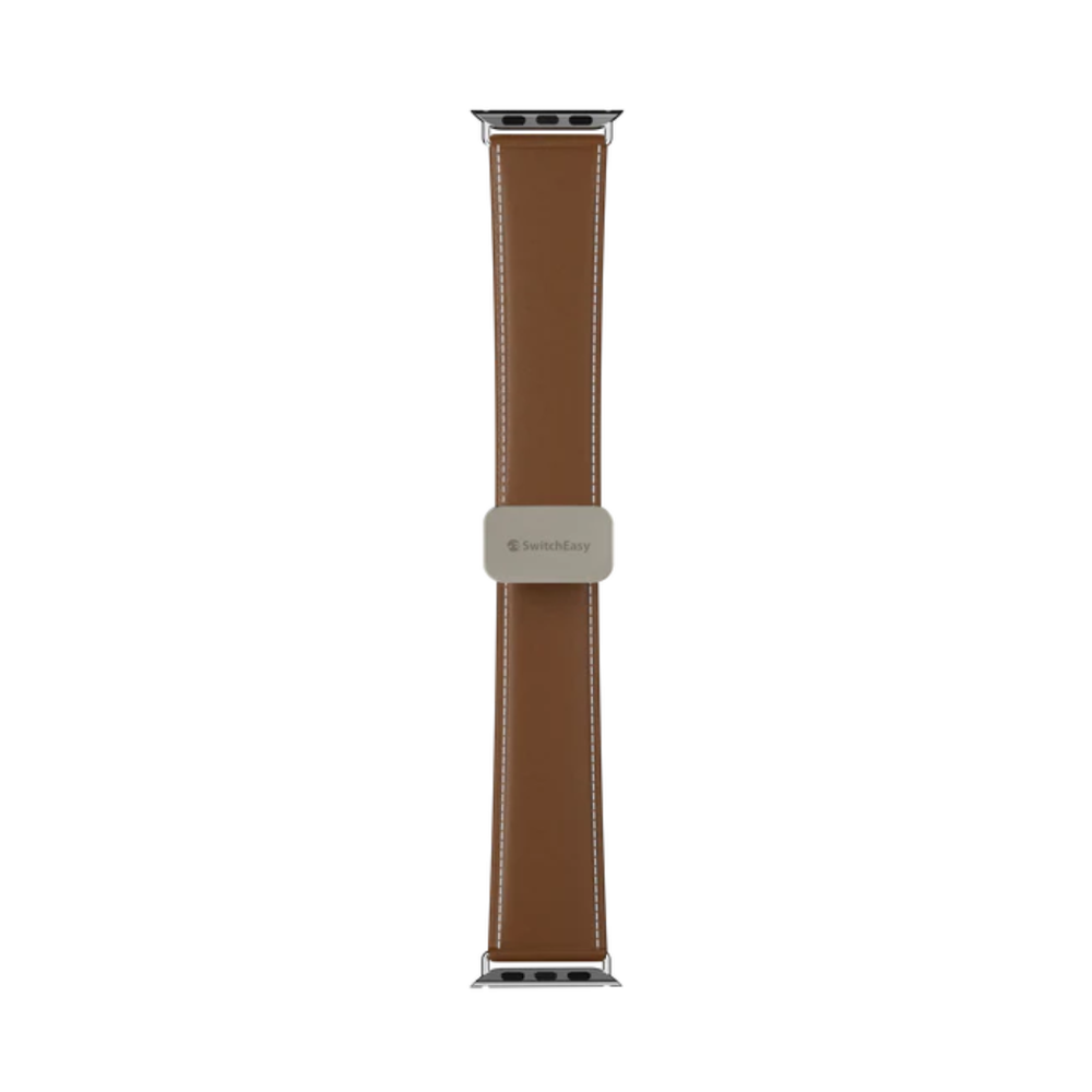 Tan SwitchEasy leather Apple Watch band with logo and silver hardware