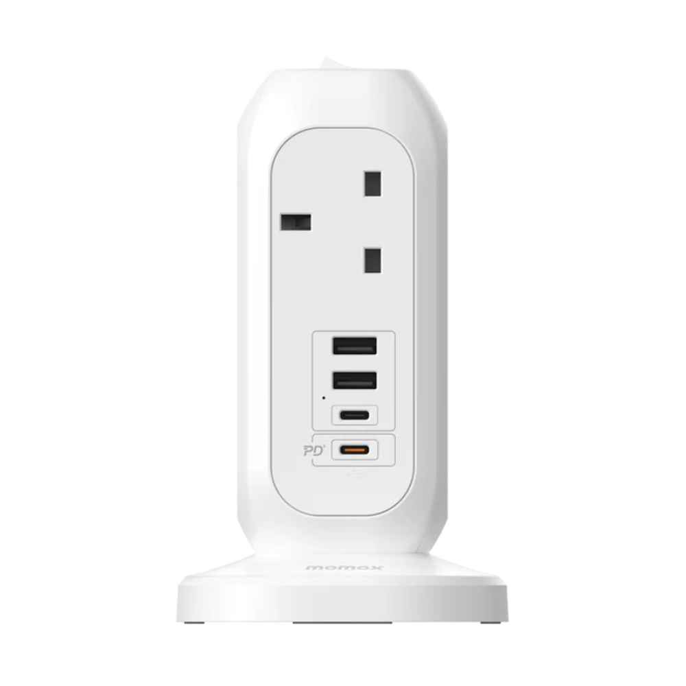 Rear view of white Momax cylindrical power strip with dual AC and USB charging ports