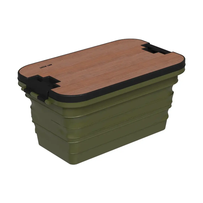 Folded Green Lion storage basket with wood-textured lid and black latches