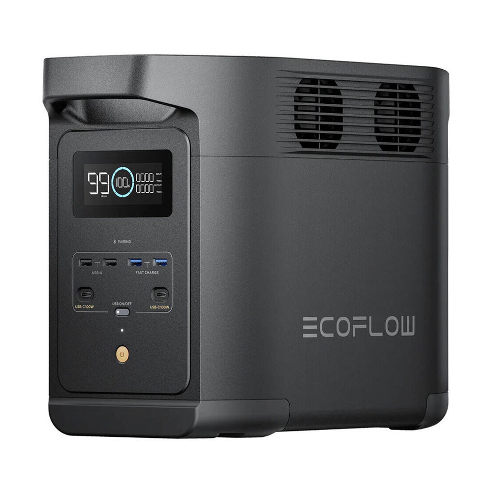Angled view of black EcoFlow 1000W portable battery with handle and ventilation grilles