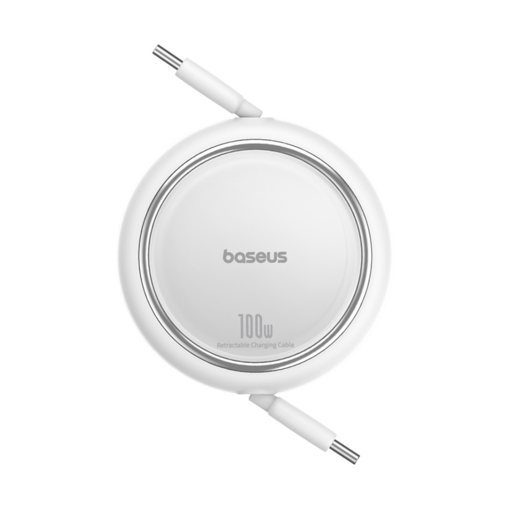 Baseus white 100W retractable USB-C cable with silver ring and logo