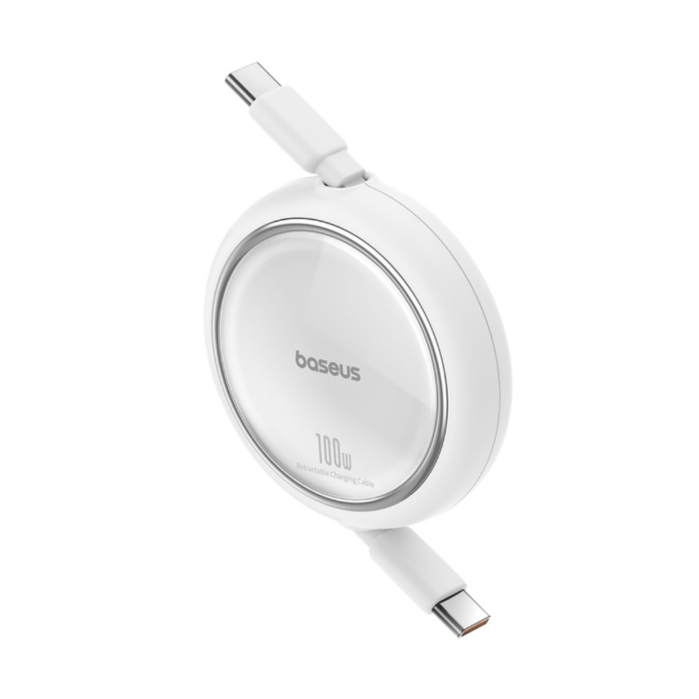 Baseus white 1m retractable USB-C to USB-C charging cable angled view