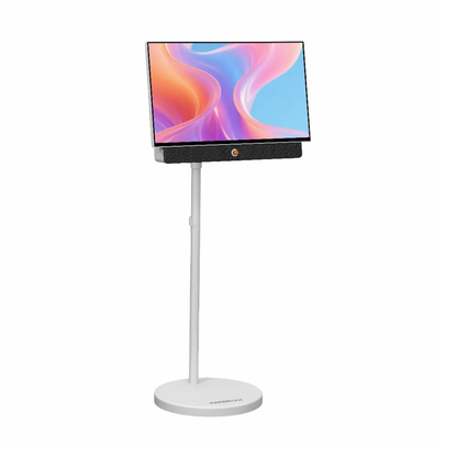 Portable TV display cart supporting screen with colorful abstract wallpaper