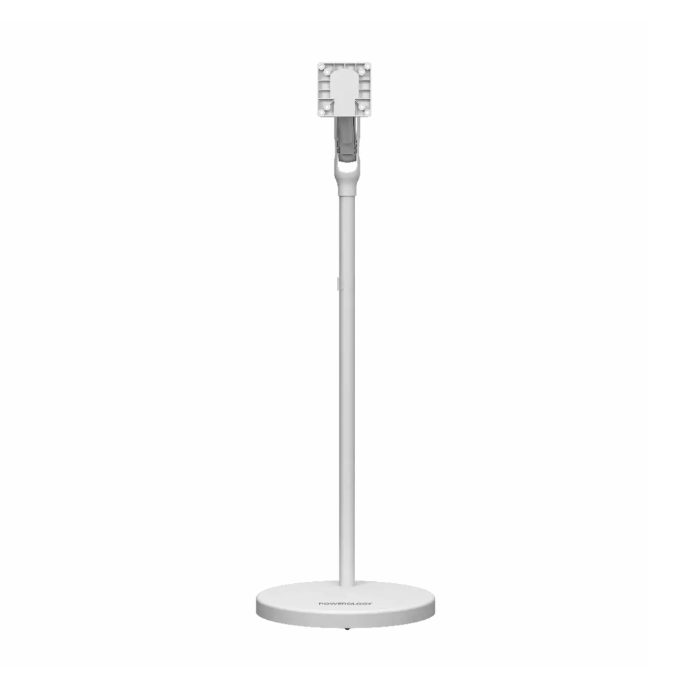 Front view of white aluminum alloy TV stand with adjustable VESA bracket